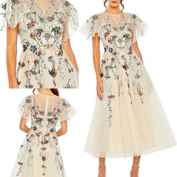 Mac Duggal Beige Flutter Sleeve High Neck Embellished Floral Dress Nude 20510 - Picture 16 of 16